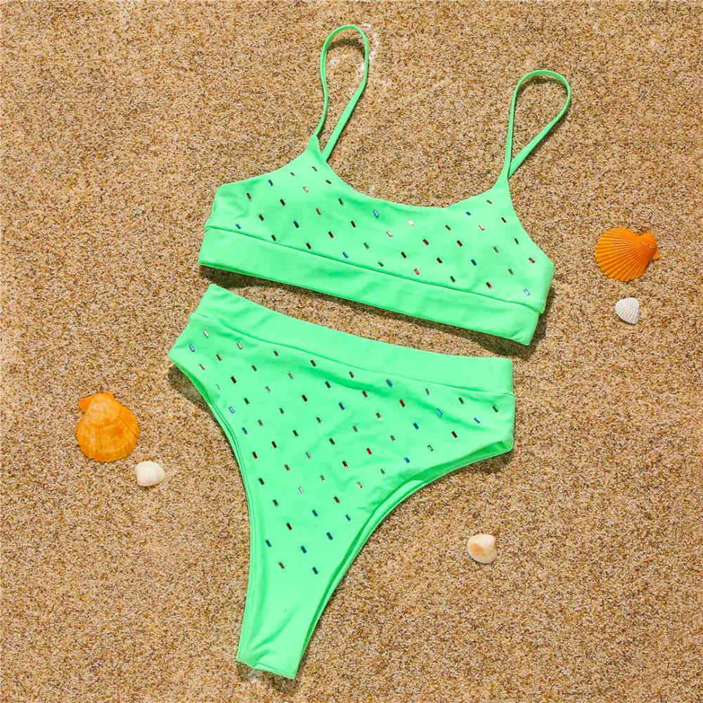 Sequin High Waist Two-Piece Bikini Swimsuit - Green / S