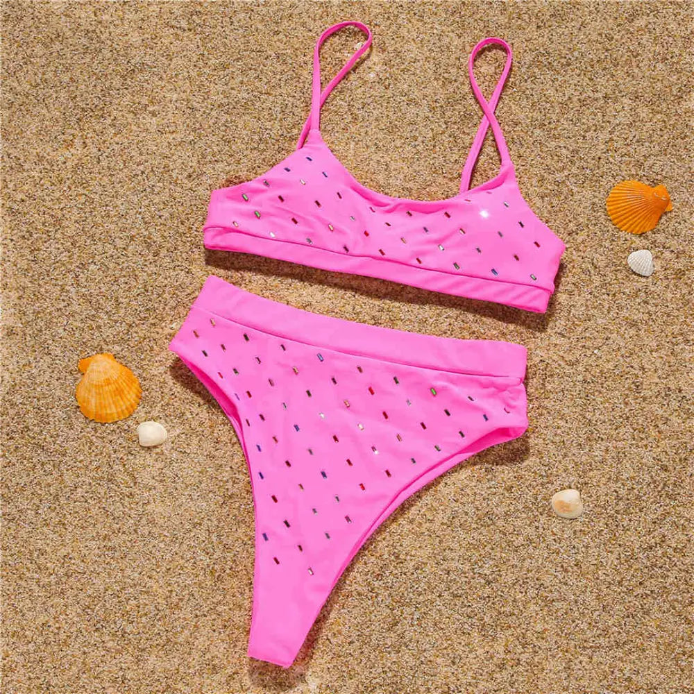 Sequin High Waist Two-Piece Bikini Swimsuit - Pink / S