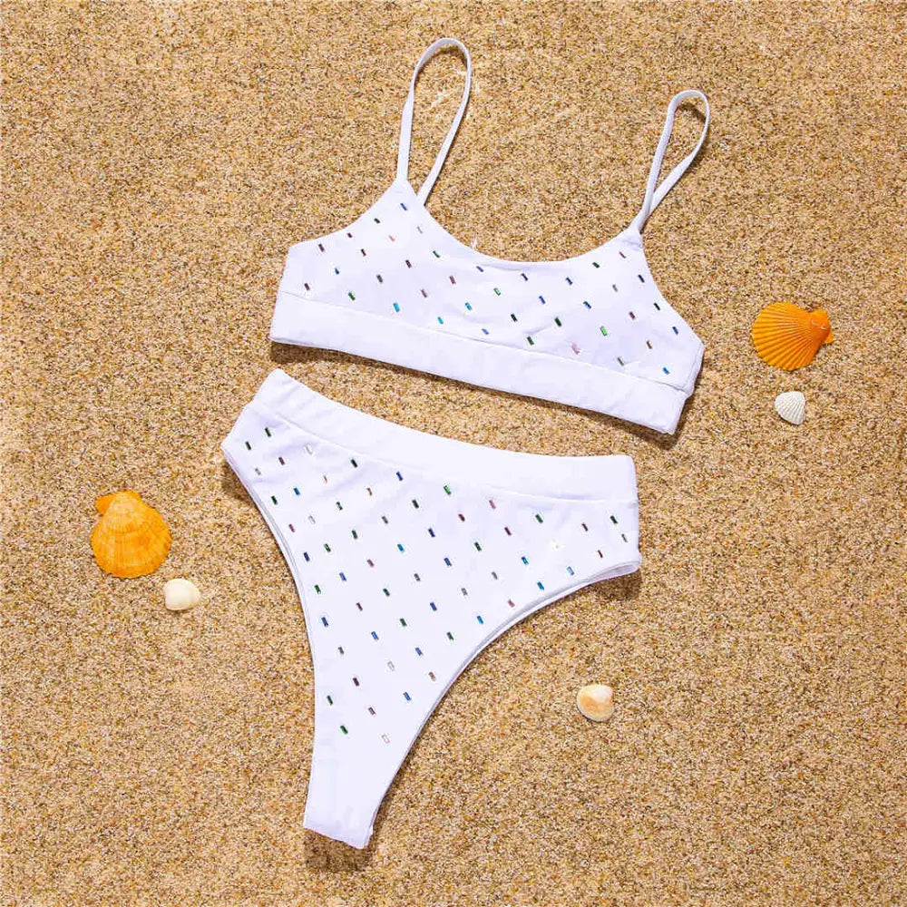 Sequin High Waist Two-Piece Bikini Swimsuit - White / S