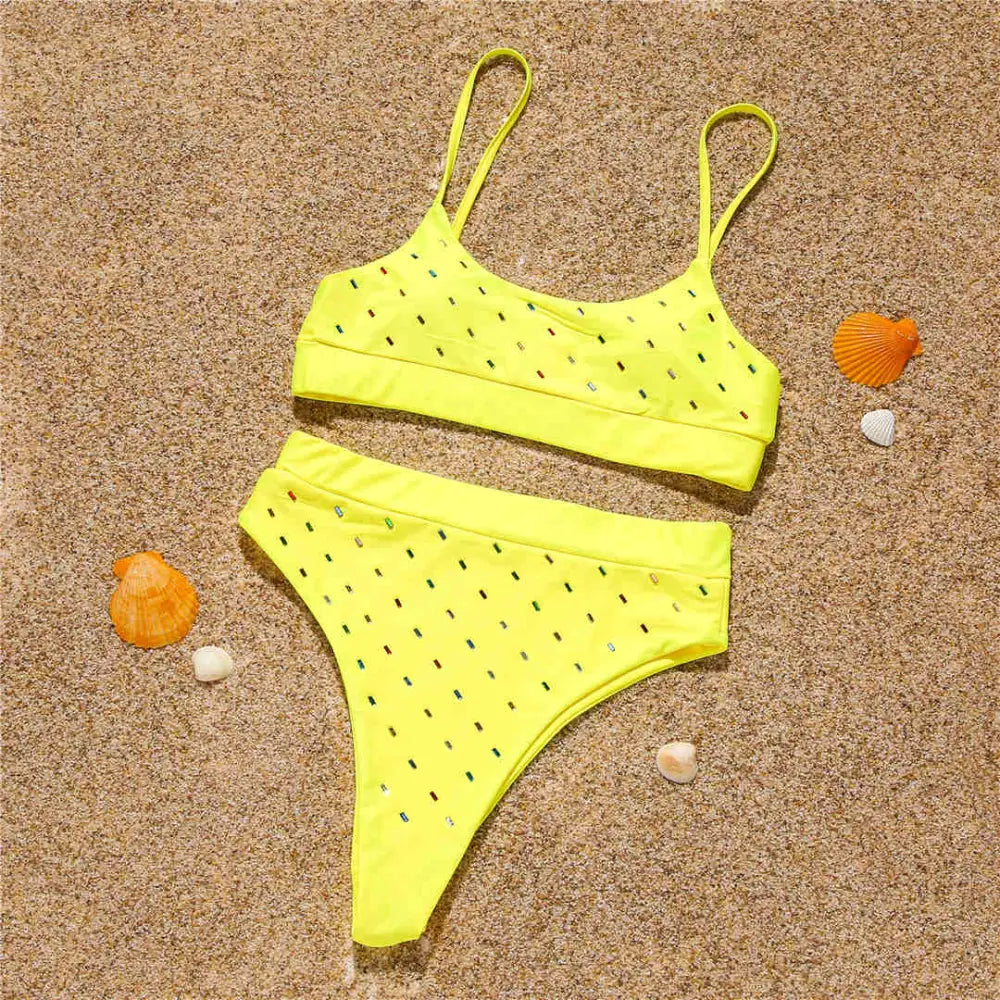 Sequin High Waist Two-Piece Bikini Swimsuit - Yellow / S