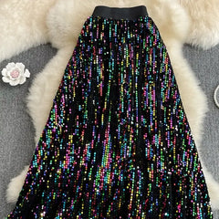 Sequined Elastic High Waist Long Skirt