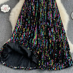 Sequined Elastic High Waist Long Skirt