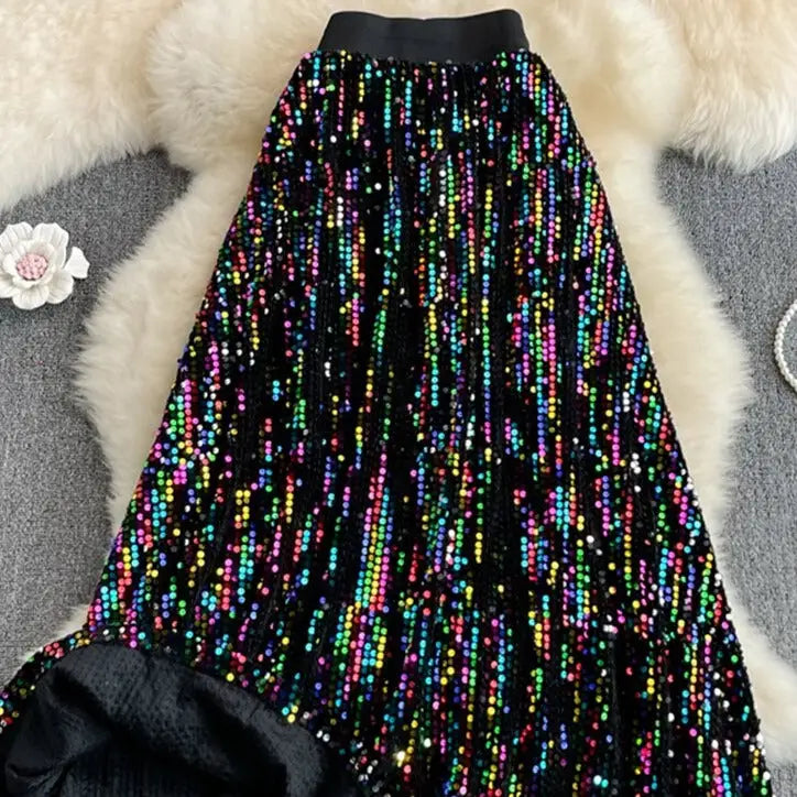 Sequined Elastic High Waist Long Skirt