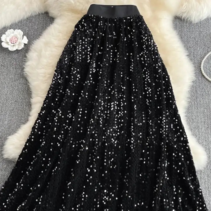 Sequined Elastic High Waist Long Skirt