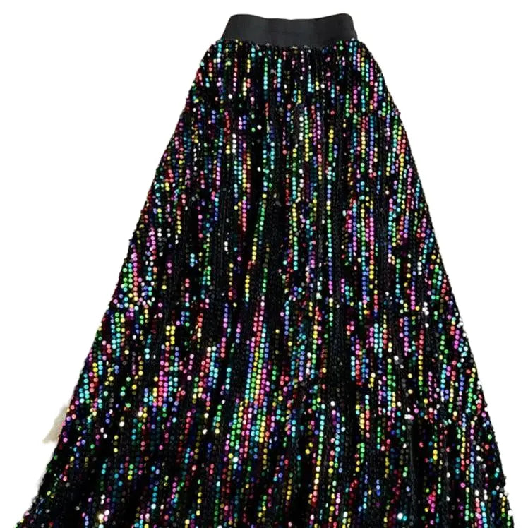 Sequined Elastic High Waist Long Skirt - Multicolored / S