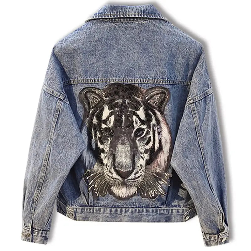 Sequined Tiger Denim Jacket with Aesthetic Design / XL