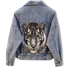 Sequined Tiger Denim Jacket with Aesthetic Design / XL