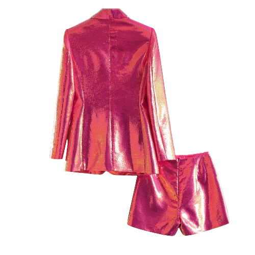 Neon Pink Sequin Turn Down Neck Suit - Blazer