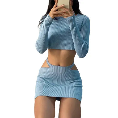 Set Knitted Long Sleeve Crop Tops High Waist Skirt