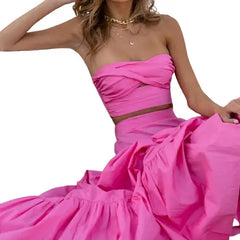 Set Ruched Strapless Top Ruffled Loose Long Skirt - Dress