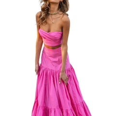 Set Ruched Strapless Top Ruffled Loose Long Skirt - Dress