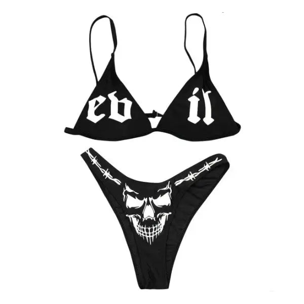 Sexy Funny Gothic Letters Pattern Bikini - Black / S
