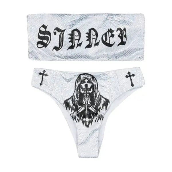 Sexy Funny Gothic Letters Pattern Bikini - White / S
