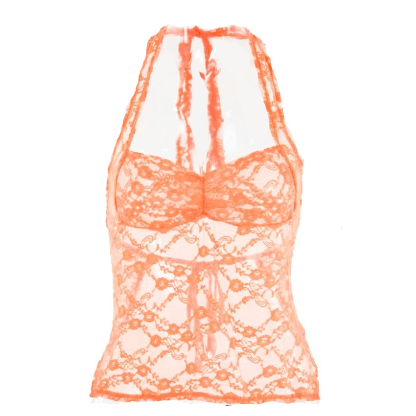 Sheer Floral Lace Halter Neck Top - Orange / S