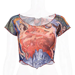 Sheer Mesh Crop Top Dance Art Short Sleeve