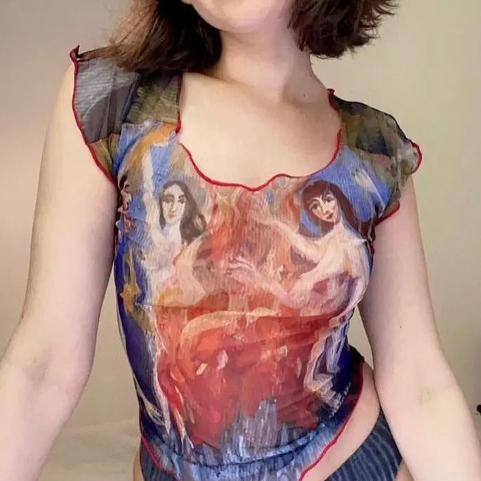 Sheer Mesh Crop Top Dance Art Short Sleeve