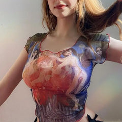 Sheer Mesh Crop Top Dance Art Short Sleeve