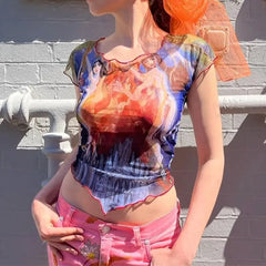 Sheer Mesh Crop Top Dance Art Short Sleeve