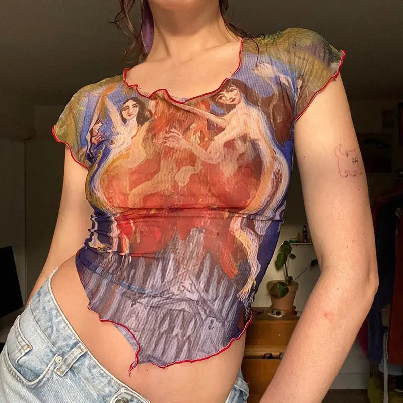 Sheer Mesh Crop Top Dance Art Short Sleeve