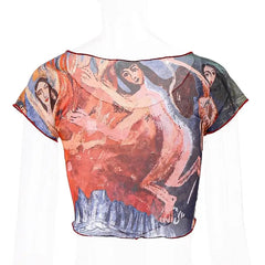 Sheer Mesh Crop Top Dance Art Short Sleeve