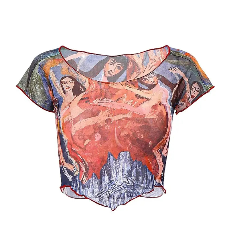 Sheer Mesh Crop Top Dance Art Short Sleeve Blue / S