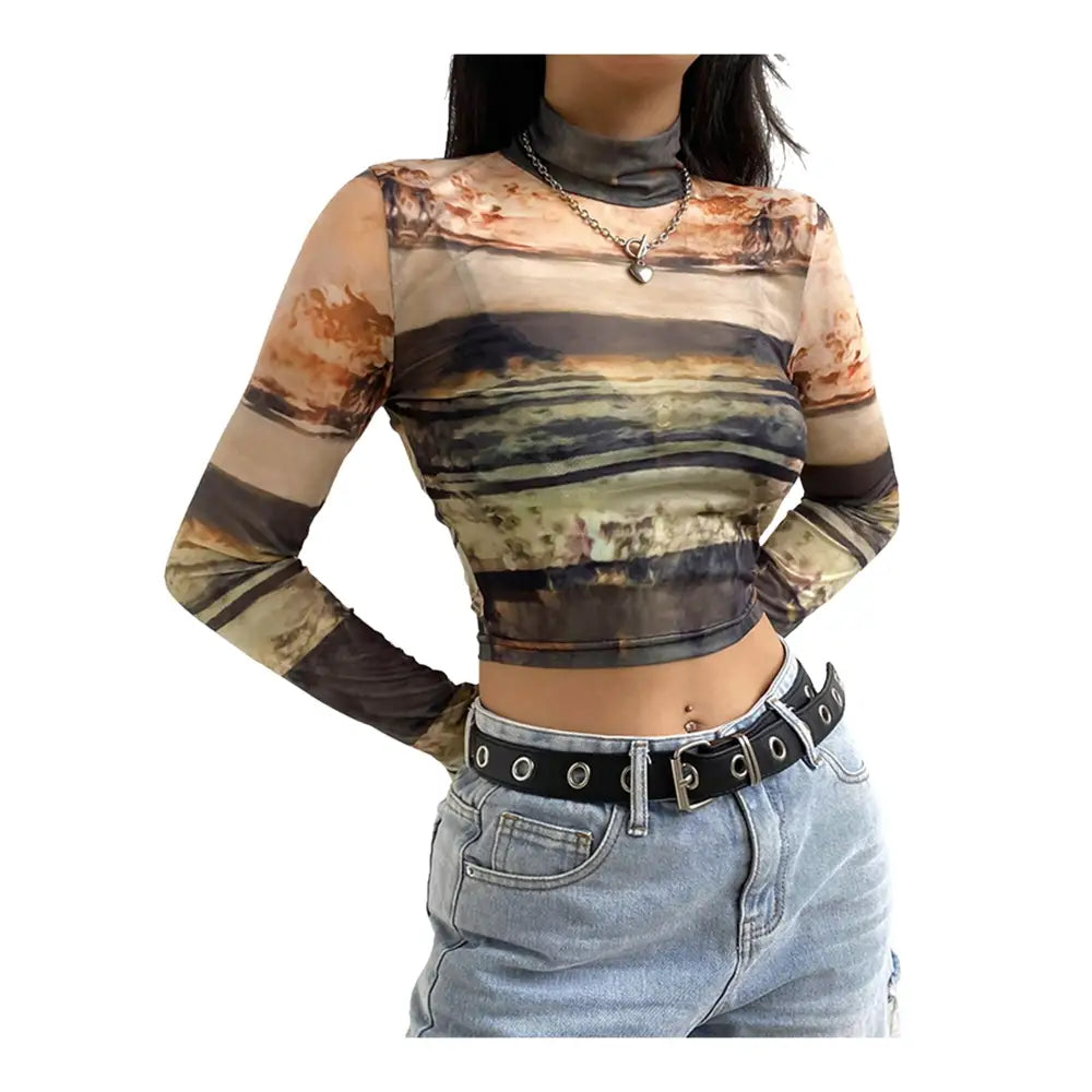 Sheer Mesh Crop Tops - S / Beige - Top