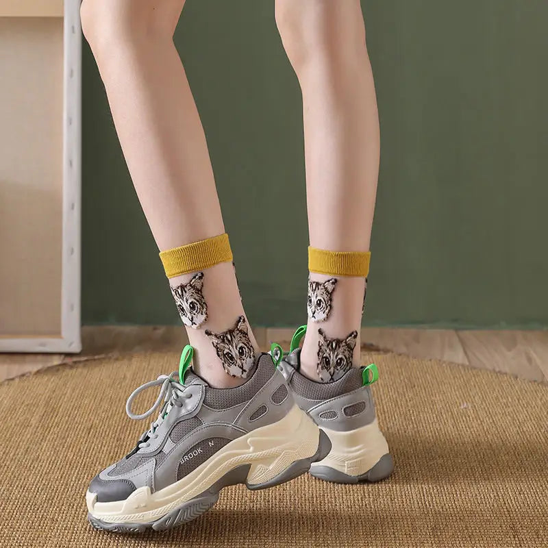Sheer Mesh Socks Cat Design Cotton Nylon Blend