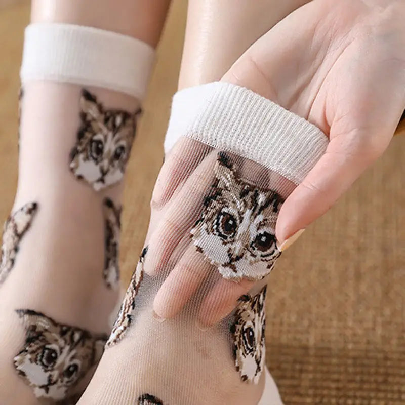 Sheer Mesh Socks Cat Design Cotton Nylon Blend