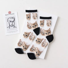Sheer Mesh Socks Cat Design Cotton Nylon Blend