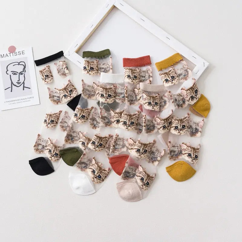 Sheer Mesh Socks Cat Design Cotton Nylon Blend