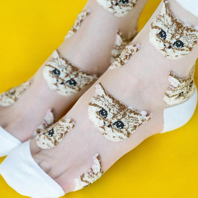 Sheer Mesh Socks Cat Design Cotton Nylon Blend