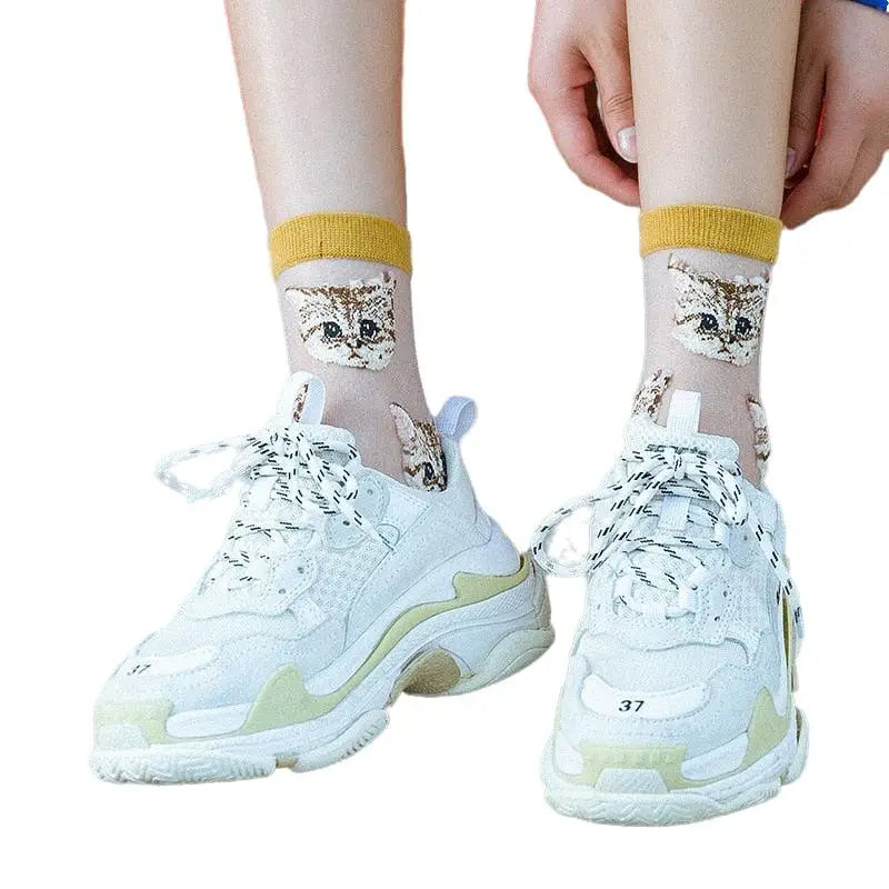 Sheer Mesh Socks Cat Design Cotton Nylon Blend