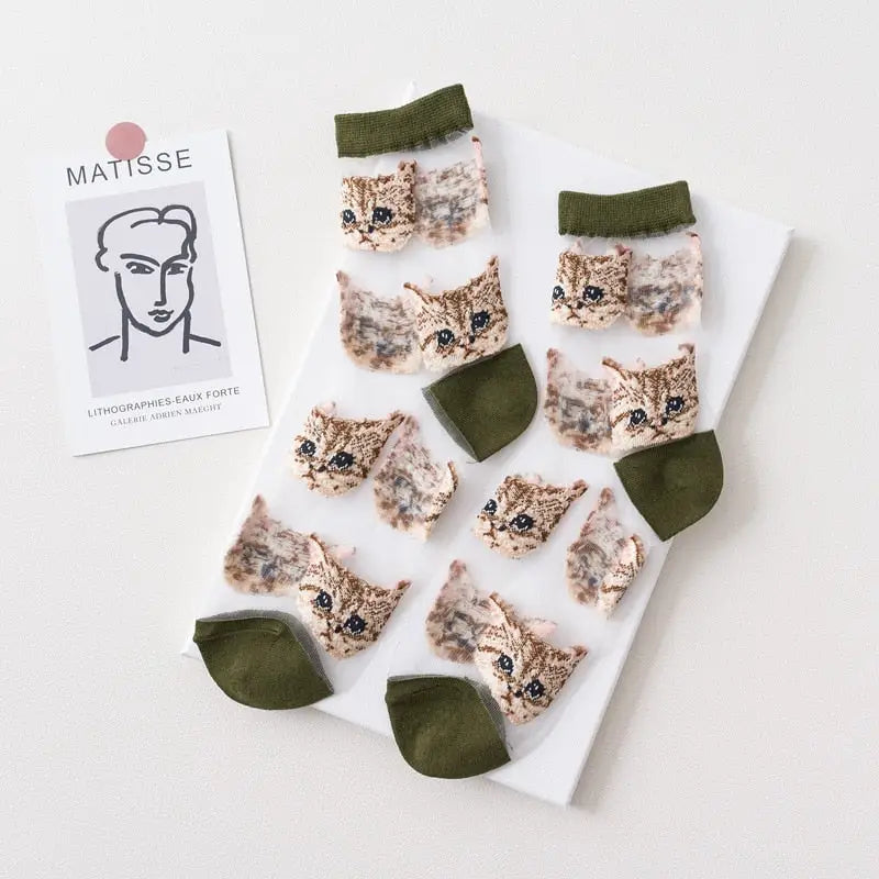 Sheer Mesh Socks Cat Design Cotton Nylon Blend Green