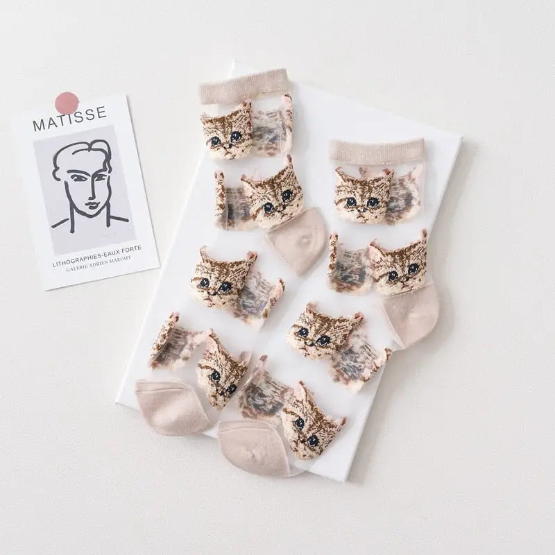 Sheer Mesh Socks Cat Design Cotton Nylon Blend Khaki