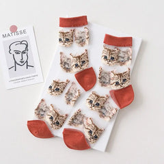 Sheer Mesh Socks Cat Design Cotton Nylon Blend Orange