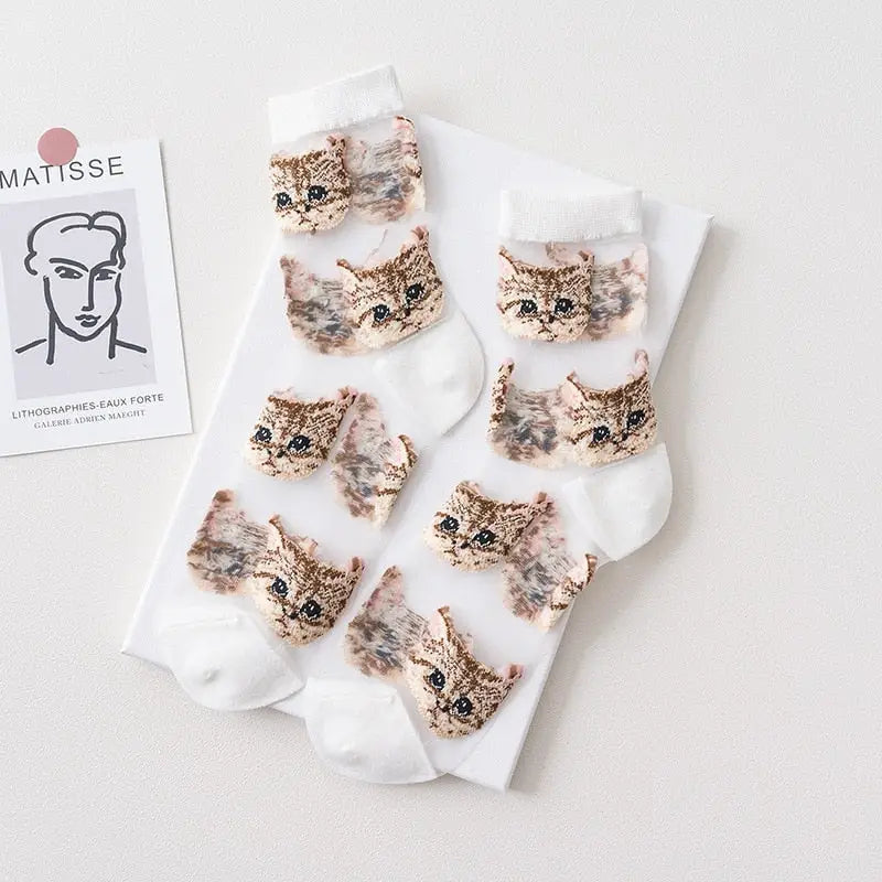 Sheer Mesh Socks Cat Design Cotton Nylon Blend White