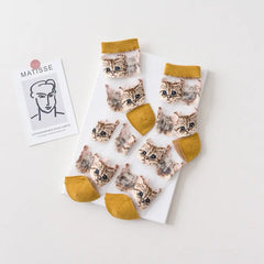Sheer Mesh Socks Cat Design Cotton Nylon Blend Yellow