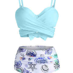 Shell and Starfish Print Tie-Dye Bikini Set - Light Blue