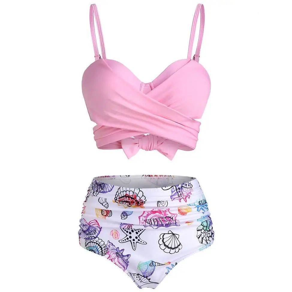 Shell and Starfish Print Tie-Dye Bikini Set - Light Pink