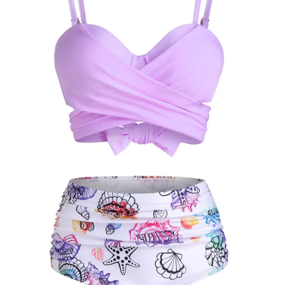 Shell and Starfish Print Tie-Dye Bikini Set - Light Purple