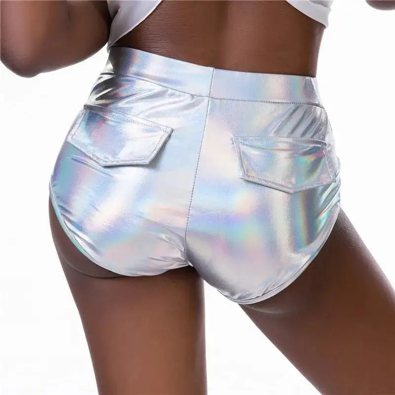 Shinny Bodycon Stretch Skinny Mini Shorts - Silver / XS