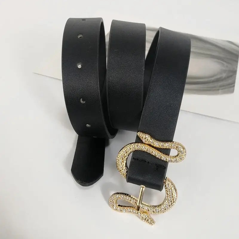 Shinny Rhinestone Snake Buckle PU Leather Belt - 102x2.8 cm