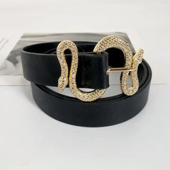 Shinny Rhinestone Snake Buckle PU Leather Belt