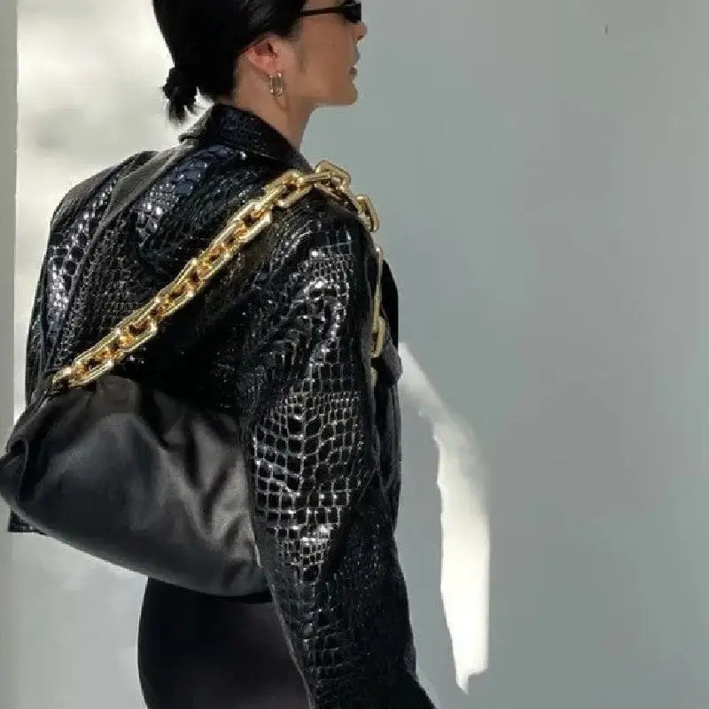Shiny Reflective Crocodile Short Pu Leather Jacket