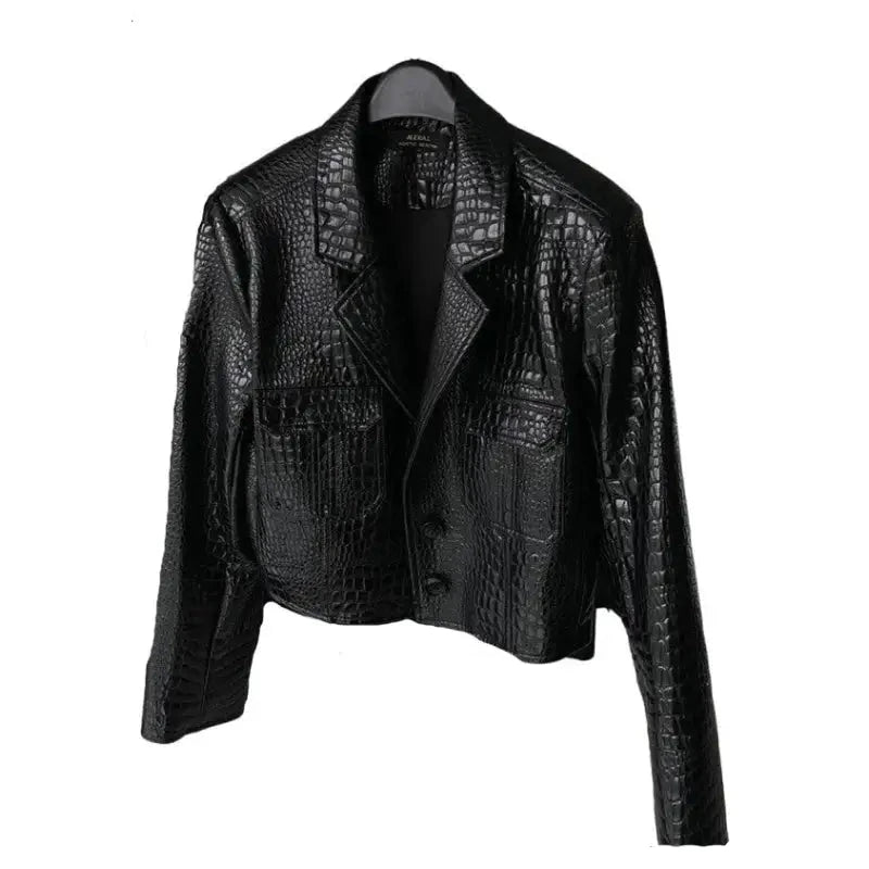 Shiny Reflective Crocodile Short Pu Leather Jacket - Black