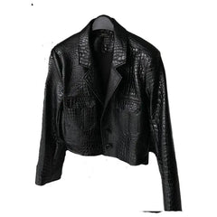 Shiny Reflective Crocodile Short Pu Leather Jacket - Black