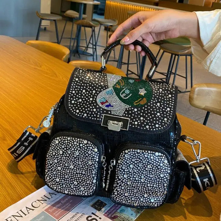 Shiny Rhinestone Evil Eye Multi-pocket Backpack