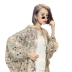 Shiny Zip Bling Sequin Loose Jacket - Beige / one size