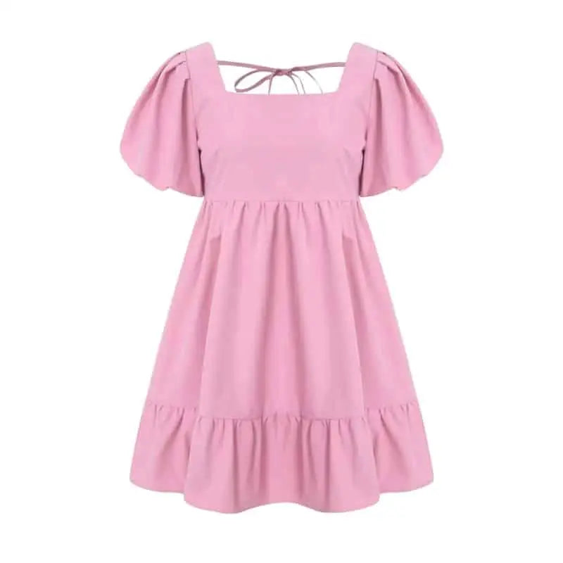 Short Puff Sleeve Square Collar Ruffled Dress