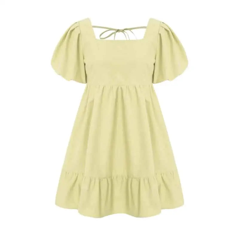 Short Puff Sleeve Square Collar Ruffled Dress